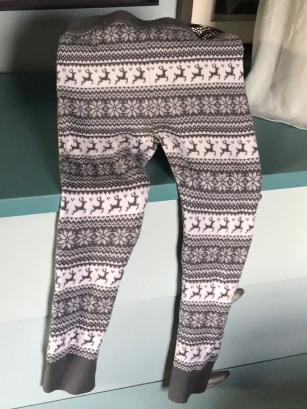 Girls S silver grey white sparkle reindeer snowflake leggings Fair Isle Leggings